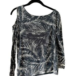 Michael Kors Palm Print Long Sleeve Top Navy White Tropical‎ Pattern Casual D12